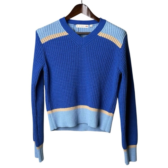 MARNI x Uniqlo Large V Neck Waffle Knit Sweater Colorblock Collegiate Blue - Picture 1 of 12